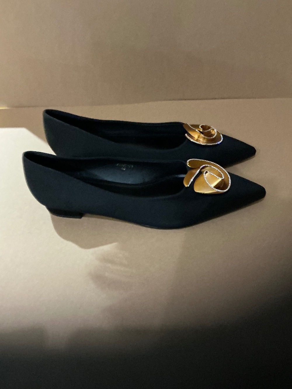 New Non-slip Black pointed Toe Ballet flats, matte satin with gold accessory.